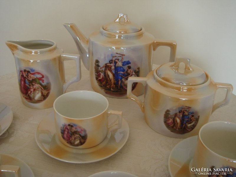 Old Zsolnay porcelain tea set art deco scene set with 13 shield seals