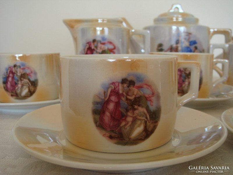 Old Zsolnay porcelain tea set art deco scene set with 13 shield seals