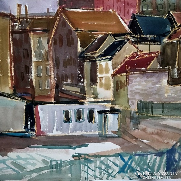 Litkei József: Városrészlet (1974) című  nagyméretű akvarellje a művész hagyatékából