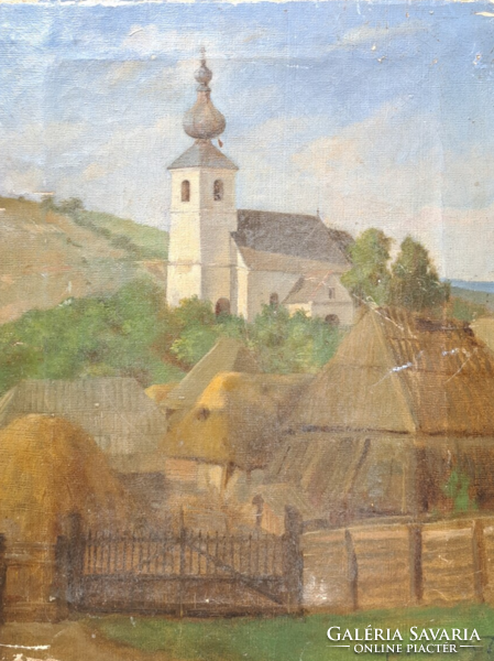 Szepesi Kuszka Jenő (1885-1948): Városkép templommal (olaj, vászon, 30x23 cm) szignózott