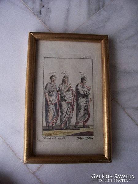 Antique hand-colored copper engraving, Vienna, 1708: noble Roman men in togas - framed, under glass.