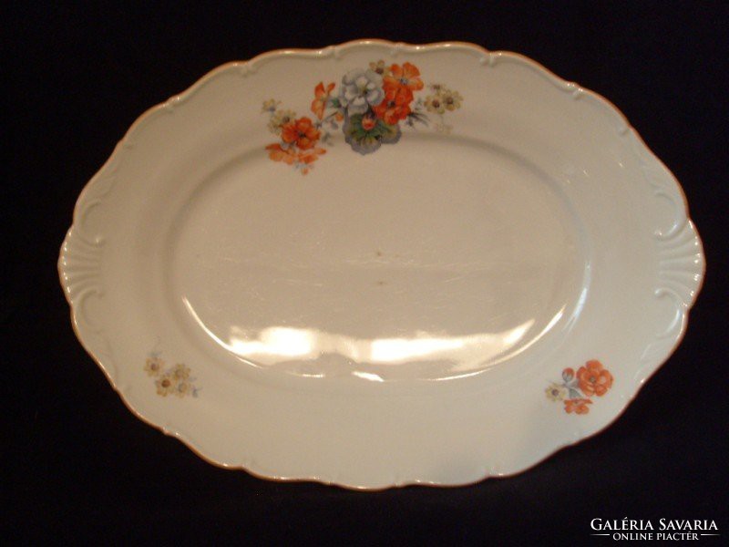 Antique large flower-decorated porcelain serving dish for steaks and fish, 33 x 22 x 4.5 cm high