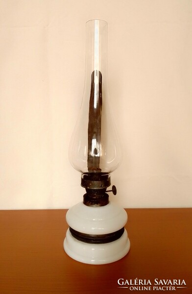 Antique old wall hanging kerosene lamp milk glass body with blown glass cylinder