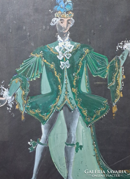 Jelmezterv - férfi rokokó öltözetben - jelzett (Teljes méret:55x42 cm) történelmi ruha, karakterterv