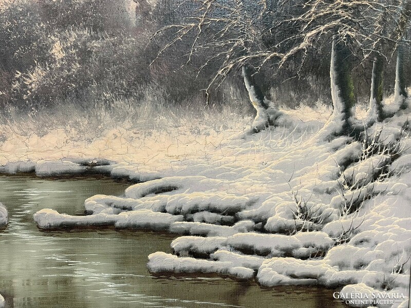 László Neogrády - streamside winter landscape / oil painting