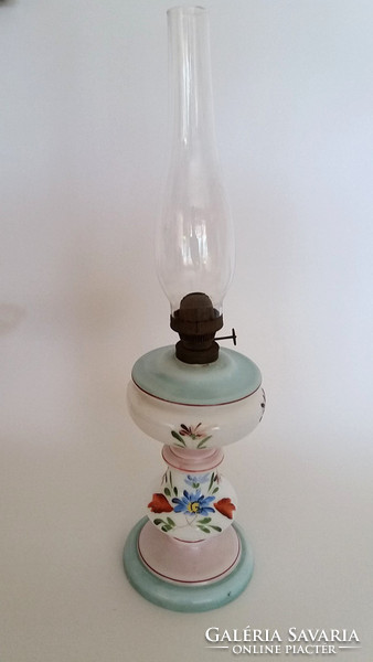Régi antik fújt szakított hutaüveg népi festett huta üveg petróleumlámpa petróleum lámpa