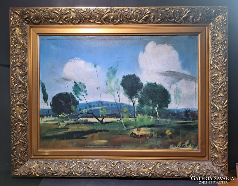 István Kun: landscape with sheep clouds - 1941 - full size: 90x70cm signed, oil on canvas