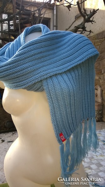 Great blue knitted scarf, stole 206x24 cm + fringe acrylic wool - also available as a gift