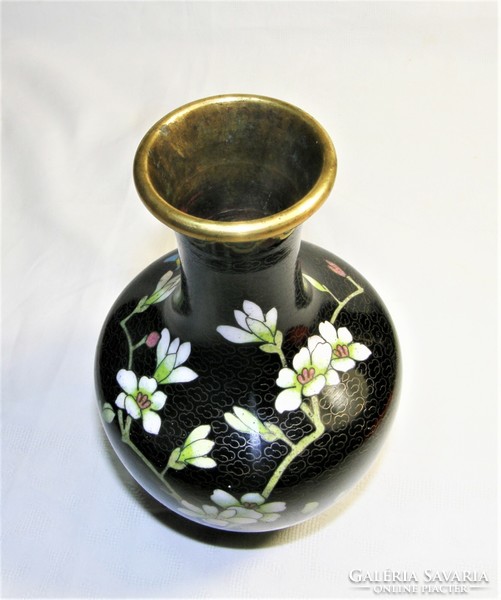 Rekesz zománc váza - Virágokkal és madárral - 17 cm