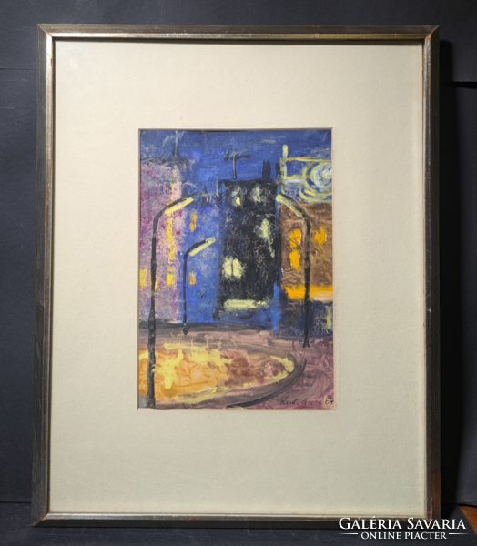 Kováts Nagy Ira: Városi fények, 1967 (tempera, papír) teljes méret: 43x53 cm, esti utcakép