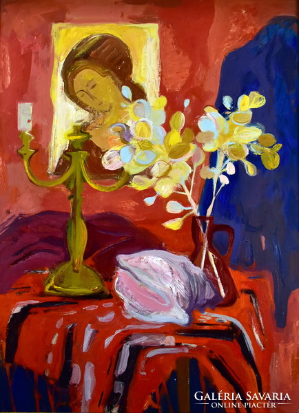 Tamara Illényi (1944) still life with portrait painting