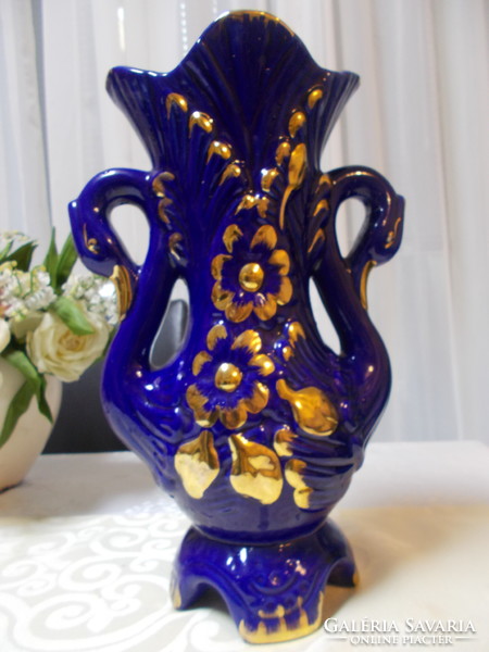 Huge beautiful old blue gold decorated Bohemian hand painted marked large vase flawless