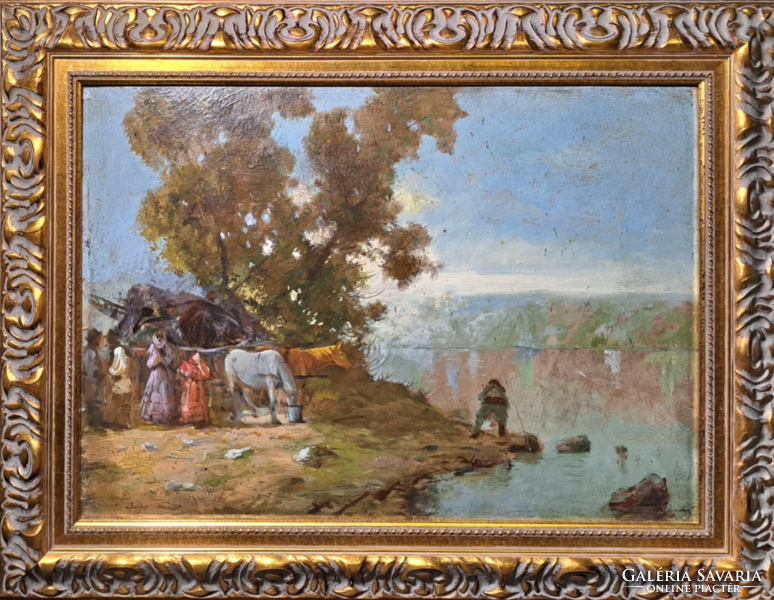 Halásztanya (olajfestmény, kerettel 90x70 cm) Mészöly Géza modorában - azonosítatlan jelzés