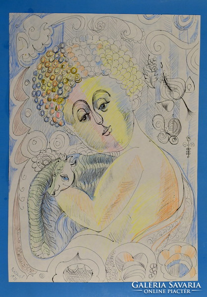 István Kozma (1937 - 2020) portrait of a girl with a snake-like creature!