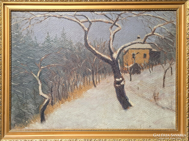 Winter landscape cutter (?) With markings, in a nice frame (full size: 50.5x38.5 cm) winter cottage