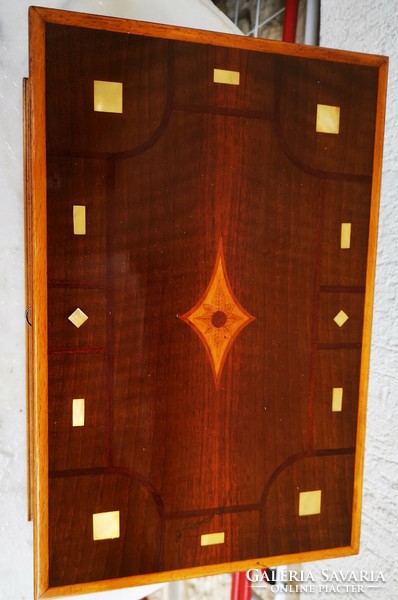 Beautiful Art Nouveau inlaid wooden box can be locked with a key. Art deco antique can also be used as a modern gift!