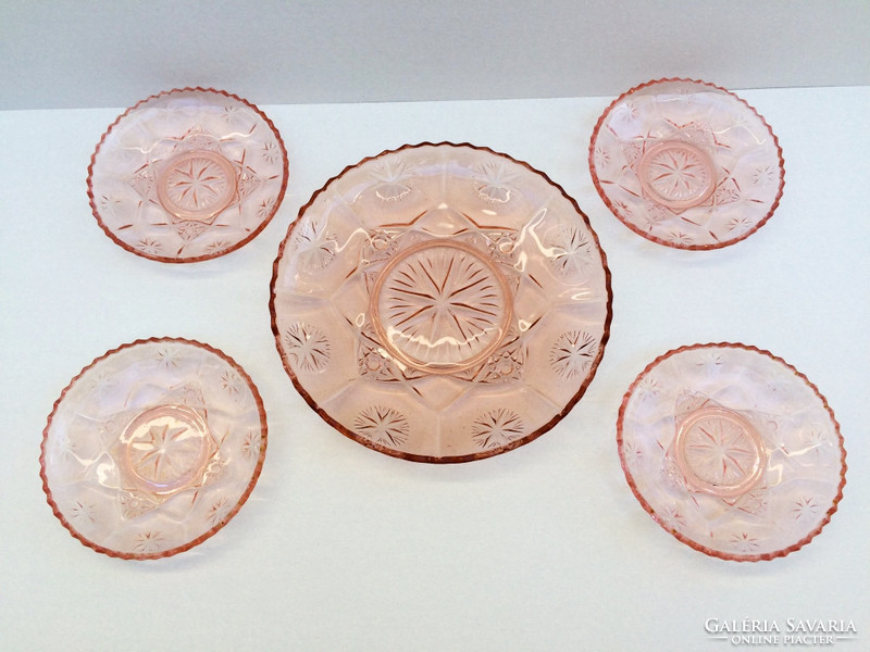 Old glass pink cake plate dessert set 5 pcs