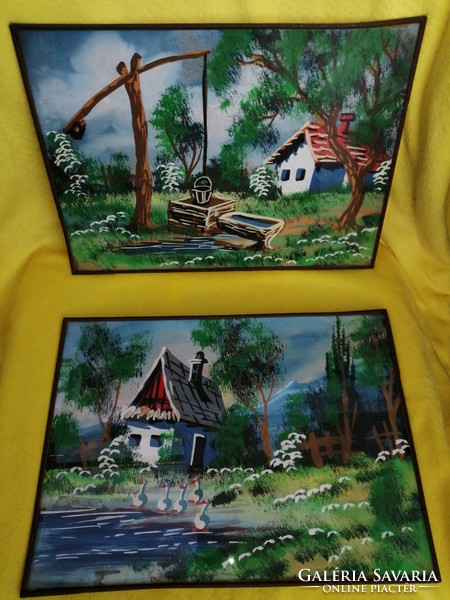 2pcs, nostalgic, old, village landscape in a metal frame. Wall decoration.