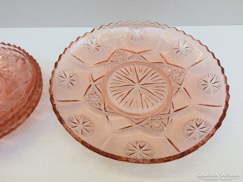 Régi üveg rózsaszín süteményes tányér desszert kínáló készlet 5 db