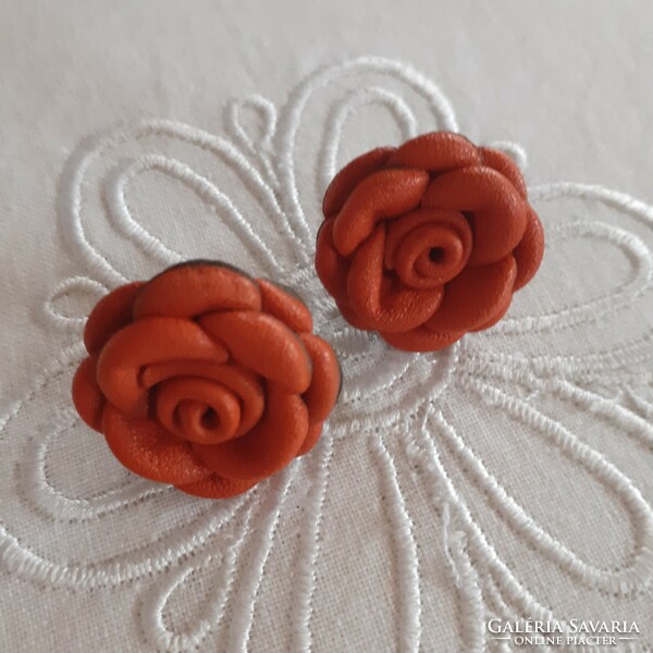 Red leather rose earrings
