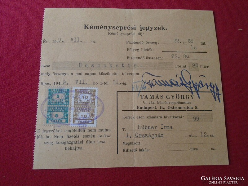 DEL012.11  Kéményseprési jegyzék Tamás György kéményseprőmester 1949 Budapest