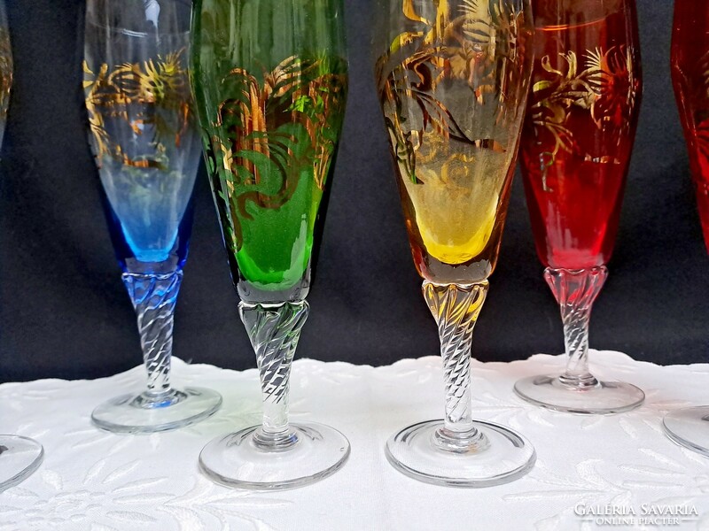 Set of 6 very nice colored champagne crystal (?) glass glasses with gold pattern