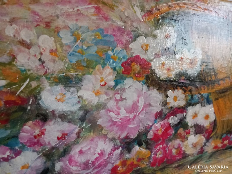 "Virágos kosár"festmény farostlemezen 40 x 54 cm