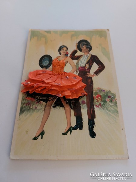 Old postcard spanish dancing couple 3d vintage postcard