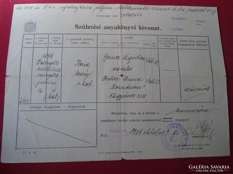 Del013.25 Birth certificate - komárom 1939 ilona bauer