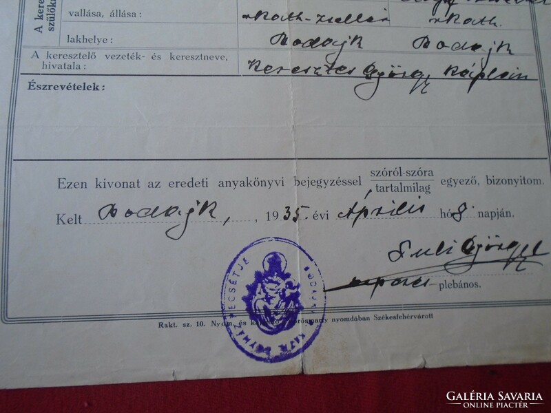 Del013.20 Bodajk - letter of baptism 1935 József Czopf (1885)