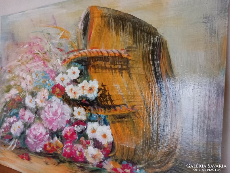 "Virágos kosár"festmény farostlemezen 40 x 54 cm