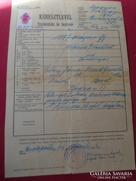 Del013.21 Letter of baptism in 1944 mária erzsébet - budapest józsefváros provost ágoston blieszner