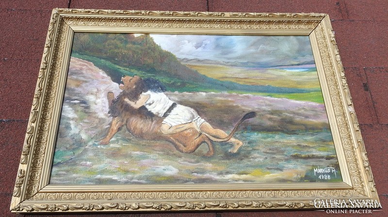 Sámson harca az oroszlánnal _ jelzett olaj / vászon festmény