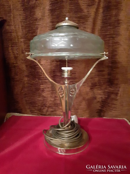 Szecessziós antik réz  asztali lámpa,hólyagos uránzöld búrával.ÁRESÉS!