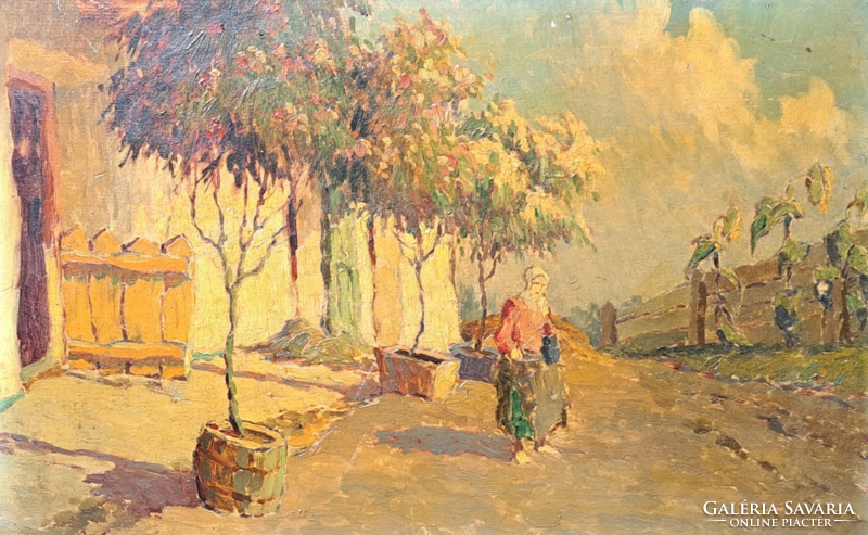 Rákosi Ernő: Faluban - vidéki életkép (olaj, fa, 46×33 cm)