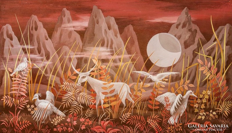 Remedios varo valley of the moon reprint print, red planet landscape fairy tale animals full moon birds