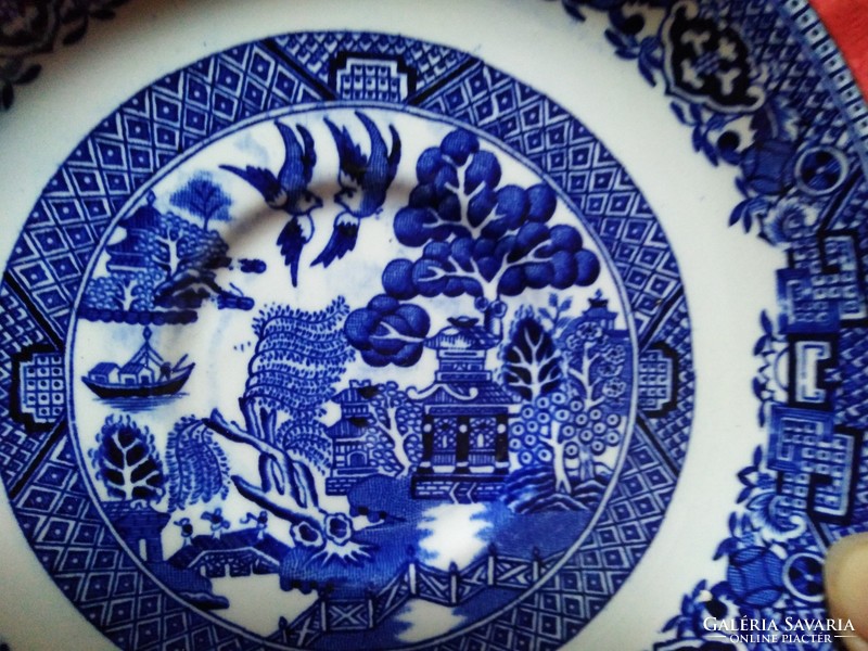 Old willow pattern English porcelain pagoda saucer, small plate