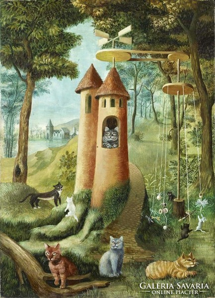 Remedios varo cat heaven reprint print, kitty paradise forest landscape castle fairy tale dream tabby