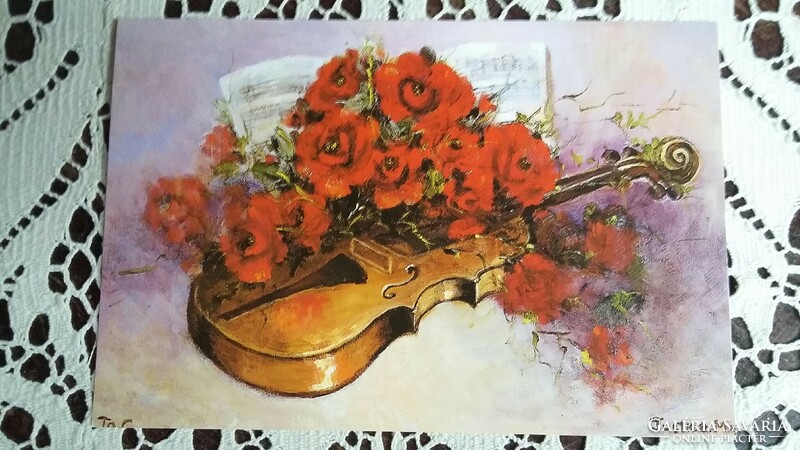 Két szájjal festett képeslap hegedűvel