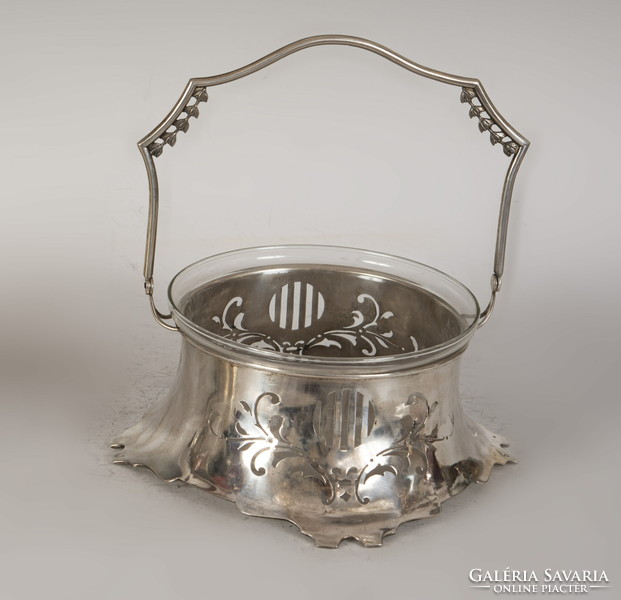Silver basket tray with openwork pattern and glass insert
