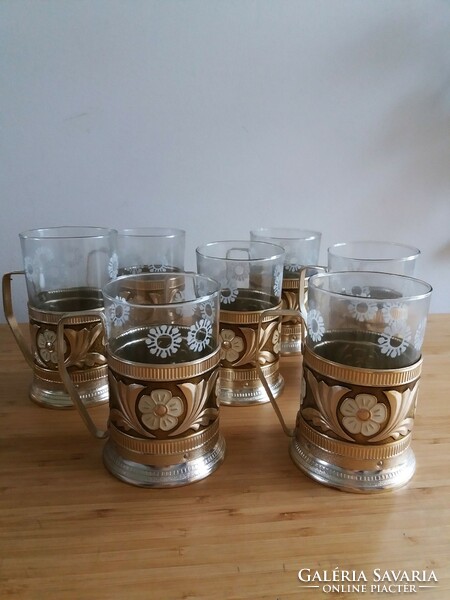 Set of 7 tea and punch glass + copper holder