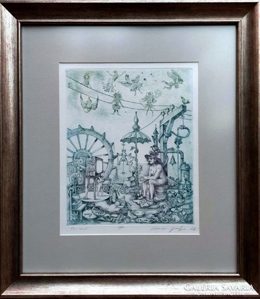 Etching entitled Miklós Grandpierre of Cluj - TV viewing, with certificate of authenticity!