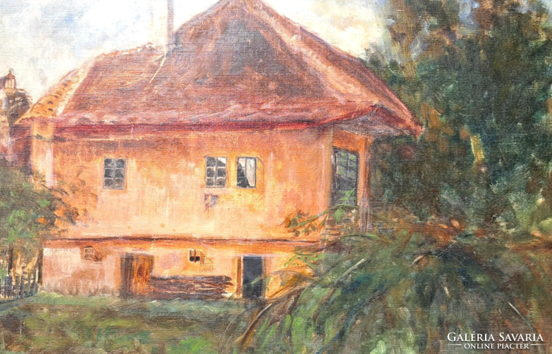 House with a red roof (with frame 51x38 cm) oil on canvas