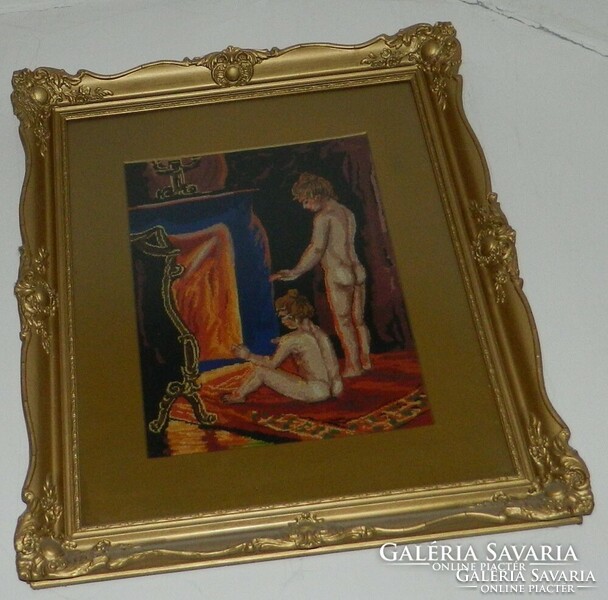 Big needle tapestry in antique blondel frame> naked