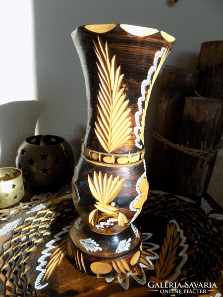Painted, carved vase with tray