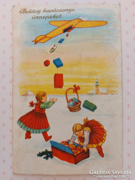 Régi karácsonyi képeslap 1939 levelezőlap ajándékszóró repülő II. vh repülőgép