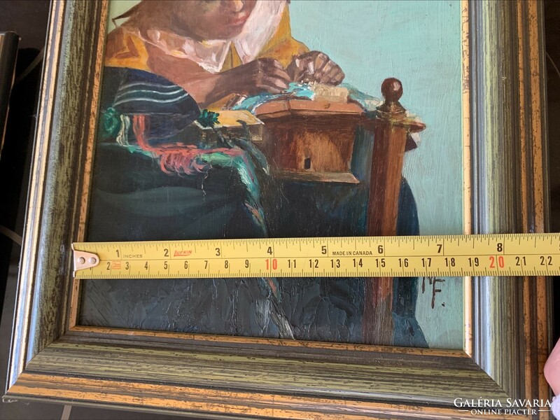 Copy of an English painting by Jan Vermeer signed mf 27 x 32 cm.
