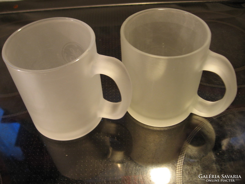 Pair of sandblasted opal glass mugs