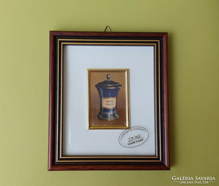 Miniature gold picture, wall picture printed on gilded plate - apothecary jar