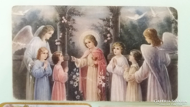 Régi kis szentkép angyalos vallási emléklap 1928 imalap 3 db